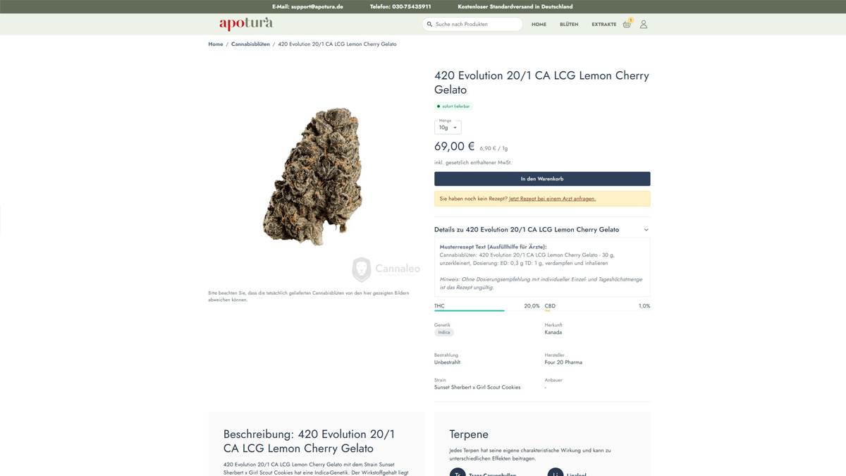 In der Cannabisapotheke kann das Cannabis-Produkt ausgewählt werden und dann im Checkout das Cannabis-Rezept übermittelt werden.