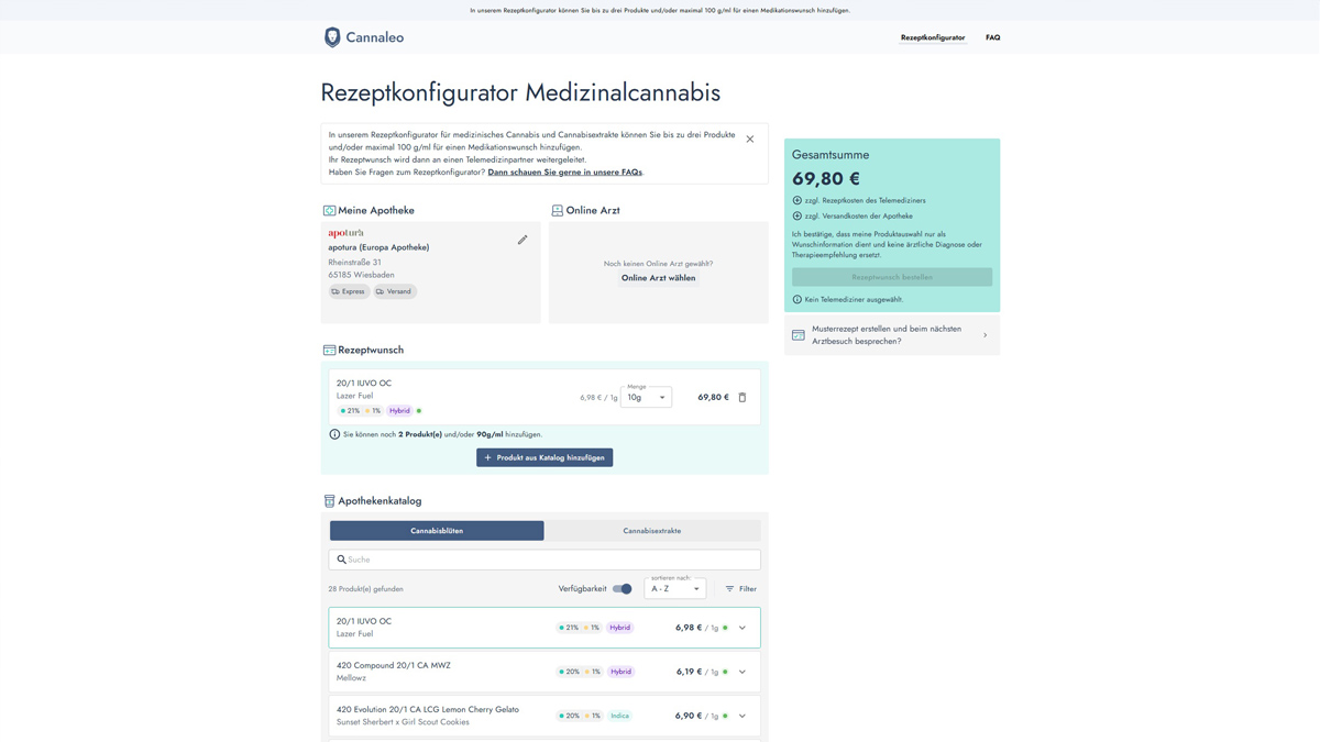 Rezeptkonfigurator der Cannabis Apotheke apotura.